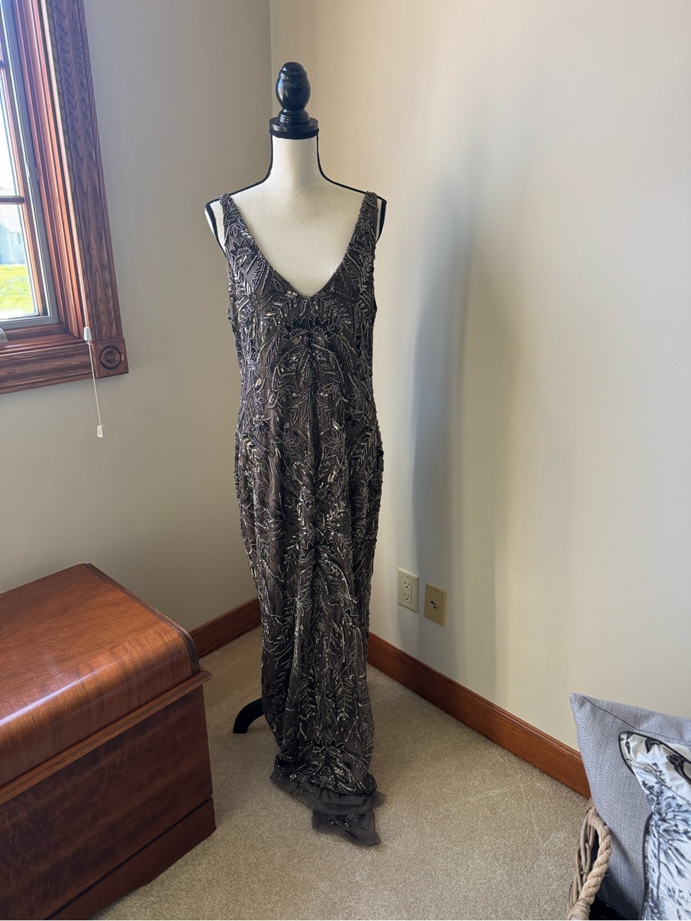 Mon Cheri Beaded V-Neck Maxi Dress in Dark Charcoal